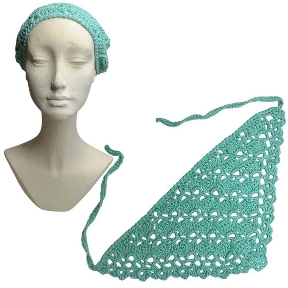Crochet Triangle Bandanna Head Scarf in Teal Handcrafted Handmade Boho Accessory
